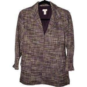 CHICOS Size 0 Tweed Longline Plum/Green/Silver‎ Metallic Blazer Jacket
